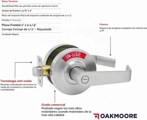 Vista 7 de Manija de puerta comercial OAKMOORE Cerradura para baño vacante, ocupado y comercial para baño público y edificios industriales