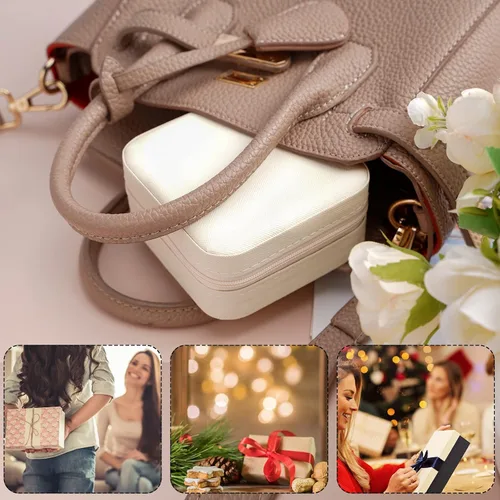 Vista 6 de Mini joyero portátil de viaje de cuero para joyas de anillo organizador caja de regalo de almacenamiento para niñas y mujeres (blanco).