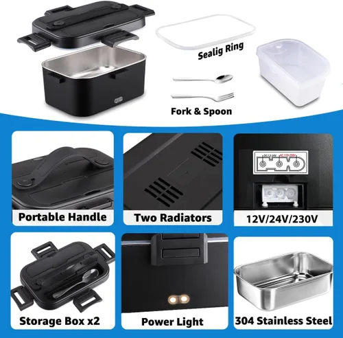 Vista 4 de Fiambrera eléctrica, calentador de alimentos de 100 W, lonchera térmica rápida para adultos, lonchera de calefacción portátil de 1.8 L, 12/24 V/110