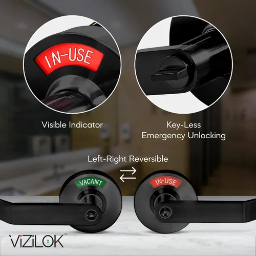 Vista 3 de VIZILOK Cerradura de puerta comercial para privacidad del baño, seguridad, indicador de ocupación vacante estándar en cromo satinado, grado ANSi 2