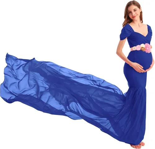 Vista 4 de AYMENII Vestido de maternidad de gasa con hombros descubiertos y tren largo, vestido de fotografía para boda, fiesta, fotos, vestido de baby shower