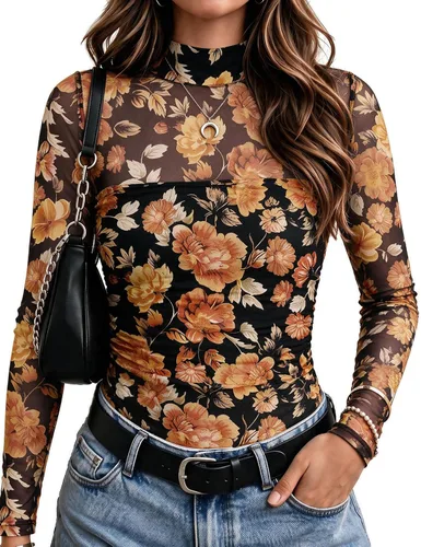Vista 15 de Zeagoo Blusa de manga larga de malla para mujer, cuello alto, fruncido Estampado floral