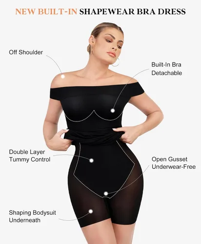 Vista 2 de Popilush Vestido moldeador con faja moldeadora integrada con hombros descubiertos, cuello en V, fruncido, entallado, vestido midi para fiesta, club