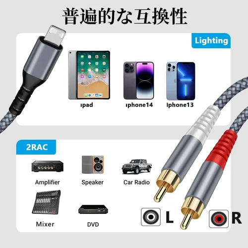 Vista 2 de [Cable auxiliar de 17 pies con certificación MF de iluminación a RCA, cable auxiliar de audio divisor en Y de 2 machos compatible con iPad, iPhone