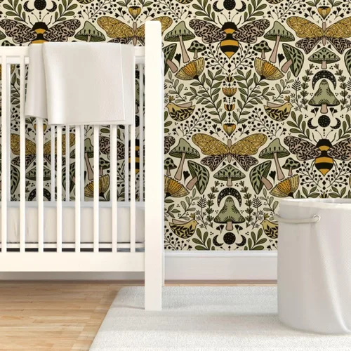 Vista 6 de Muestras de papel tapiz autoadhesivo - Nouveau Naturaleza Verde Amarillo Mariposa Naturaleza Bosque Plantas Art Nouveau Polilla Bohemia Abeja
