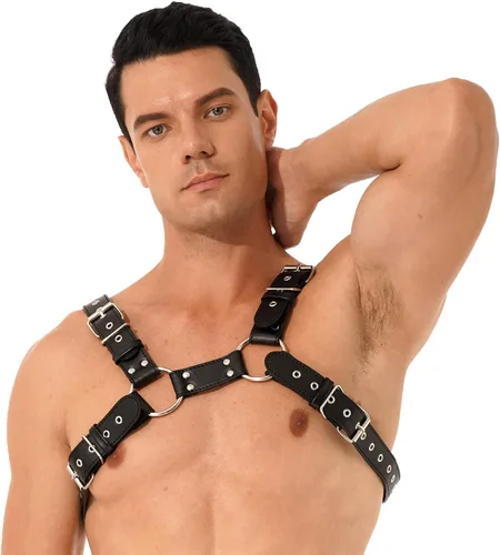 Vista 3 de CHICTRY Arnés de cuero ajustable gótico para hombre, correa para el pecho, cinturón, disfraz, club