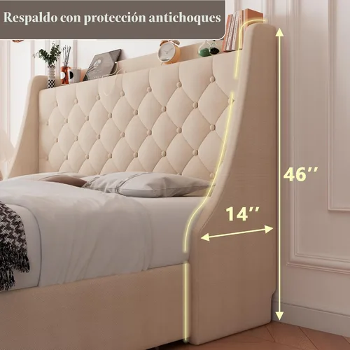 Vista 2 de Feonase - Base de cama tapizada tamaño matrimonial, 4 cajones para almacenar, puerto tipo C y USB, estación de carga, cabecera con respaldo capitoné