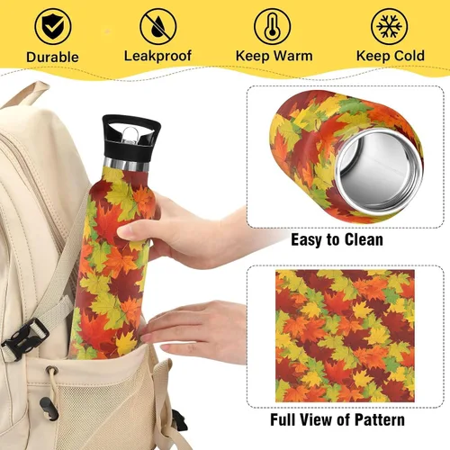 Vista 4 de Kids Water Bottle for School, Water Bottle Stainless Steel for Travel or School 20 Oz, BPA-Free, Autumn Leaves Orange Red