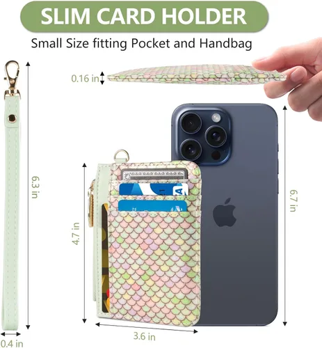 Vista 3 de Cartera pequeña de cuero con protección RFID de sirena para tarjetas de crédito, cartera delgada con correa para la muñeca con bolsillo