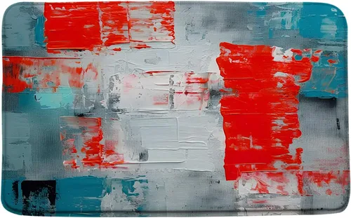 Vista 6 de Tapete de baño azul, gris y naranja, azul quemado, naranja y gris, pintura abstracta de pinceladas, arte moderno, decoración de baño, tapete