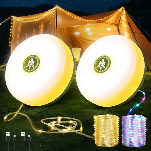 Vista 6 de Guirnalda de luces de camping, equipo esencial de campamento, luces de lámpara de 32.8 pies, impermeables, 4 en 1, cadena de luces para exteriores