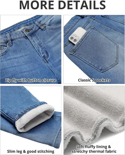 Vista 6 de GRAPENT Leggings con forro polar para mujer, pantalones de mezclilla ajustados de cintura alta, pantalones de mezclilla elásticos de invierno cálidos