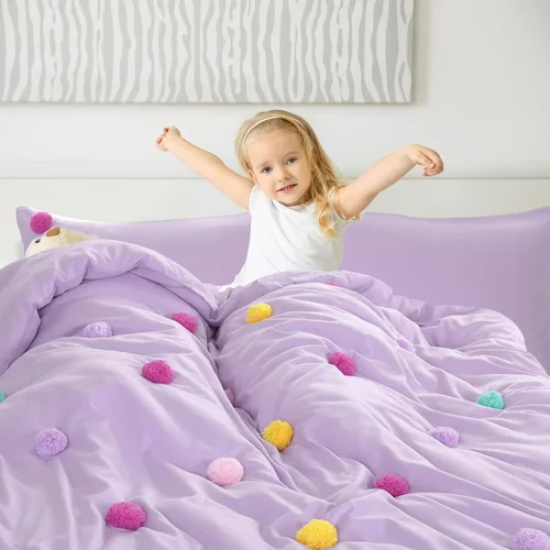 Vista 7 de HOMBYS - Juego de colcha con pompones para niñas, 5 piezas, estilo bohemio, para todas las estaciones, tamaño individual/individual XL, color púrpura