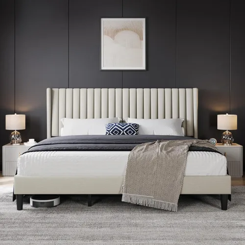 Vista 15 de Yaheetech Base de cama individual tapizada con cabecera de tela, diseño de borde de ala, antideslizante y sin ruido, soporte de listones de madera