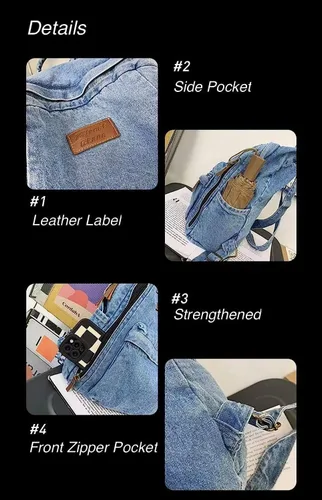 Vista 5 de Mochila de mezclilla para mujeres y hombres, mochila vintage estilo grunge, mochila para computadora portátil, mochila retro para viajes y trabajo