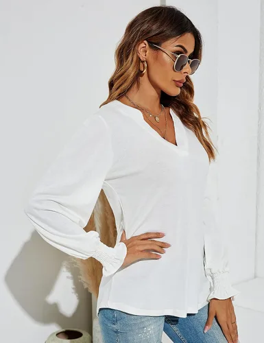 Vista 4 de Romanstii Camisetas casuales con cuello en V para mujer, blusas sueltas de manga larga abombada, plateado