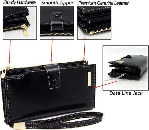 Vista 5 de ANDOILT Cartera de cuero genuino con bloqueo RFID para mujer, de gran capacidad, de lujo, con cera, tarjetero, organizador