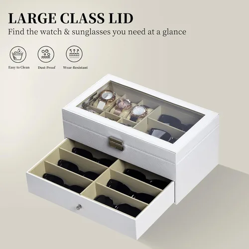 Vista 5 de AUTOARK AW-131 - Caja de cuero para 6 relojes, joyero y 9 piezas para guardar lentes de sol y lentes de sol, cajón organizador con cerradura