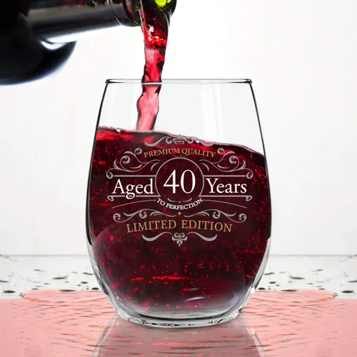 Vista 3 de DU VINO Copa de vino sin tallo de edición vintage para hombres y mujeres (40 aniversario) de 15 onzas, copas de vino de feliz cumpleaños para niños