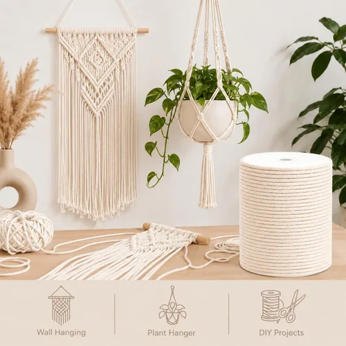 Vista 4 de Cordón de macramé de algodón natural de 0.157 in, 193 yardas (579 pies), color beige, cuerda suave 100% natural, fácil de desenredar. Ideal