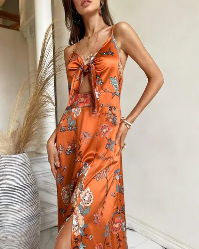 Vista 5 de Fashionme - Vestidos de satén, longitud por debajo de la rodilla, con tirantes delgados, para mujer, con lazo frontal, espalda descubierta