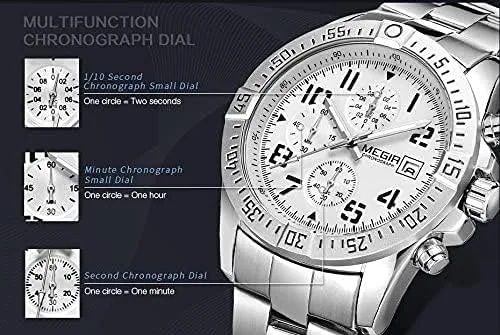 Vista 9 de Megir Reloj de pulsera analógico de acero inoxidable con cronógrafo de cuarzo para hombre