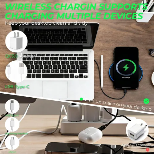 Vista 6 de Cargador inalámbrico rápido de 15 W, compatible con teléfonos Samsung S25/iPhone 17/Android y AirPods/Galaxy Buds, almohadilla de carga