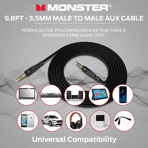 Vista 5 de Monster Gen1 Essentials - Cable de audio macho a macho, cable auxiliar de 9.8 pies con chaqueta Duraflex, conectores chapados en oro, cable auxiliar
