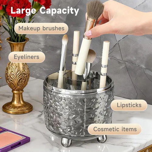 Vista 4 de Soporte para brochas de maquillaje con tapa, organizador de herramientas cosméticas con tapa, apertura deslizante giratoria de 360°, contenedor