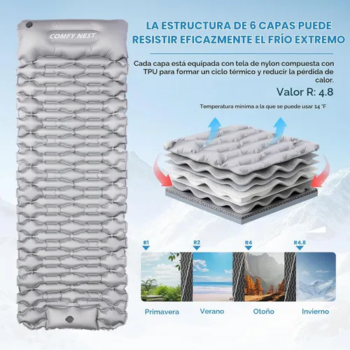 Vista 3 de Colchoneta de dormir para acampar con valor R de 4.8, alfombrilla de campamento ultraligera con almohada y bomba de pie integrada, colchoneta