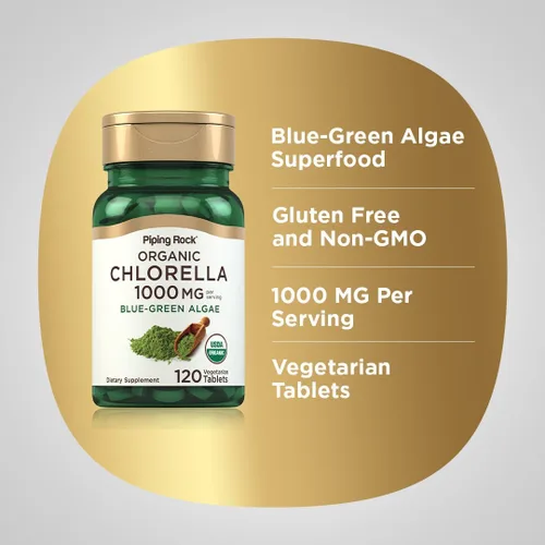 Vista 4 de Piping Rock Chlorella 1000 mg 120 tabletas Algas orgánicas azul-verdes Suplemento sin OMG, sin gluten