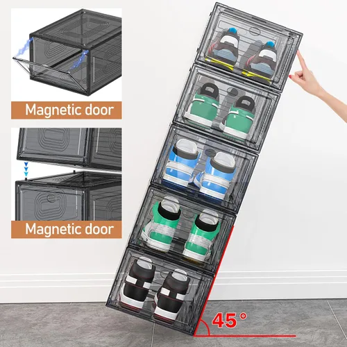 Vista 5 de caktraie Paquete de 10 organizadores de zapatos gruesos apilables, caja de almacenamiento de zapatos resistente mejorada con puerta magnética, Negro