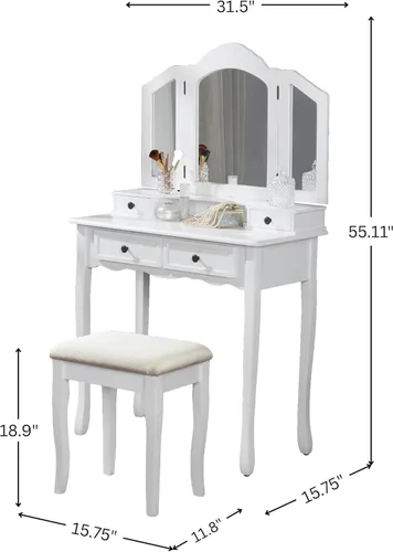 Vista 6 de Roundhill Furniture, Sanlo - Juego de tocador y banco de madera, blanco