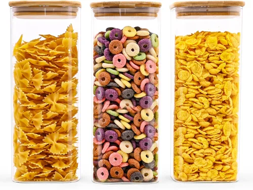 Vista 13 de SHOWIN Tarros de almacenamiento de pasta de vidrio de 73 onzas, tarros altos de vidrio con tapas de bambú, contenedor de espagueti, juego de 3