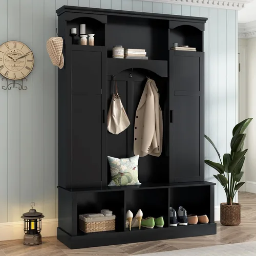 Vista 25 de JIVOIT Farmhouse Wood Hall Tree with Coat Hooks, Cabinets, 4 Drawers, Hooks (Ancient White/ 091)