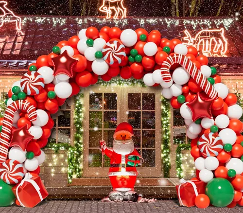 Vista 2 de Kit de arco de guirnalda de globos de Navidad con globos de caramelo rojo y blanco de Navidad, caja de regalo, globos de estrella roja