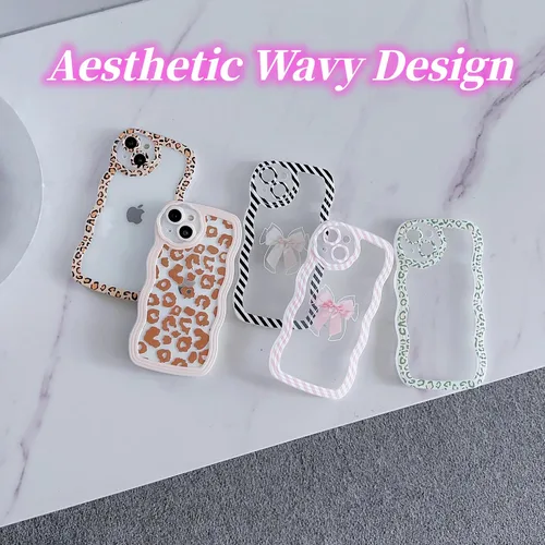 Vista 6 de Funda transparente compatible con iPhone 14 con diseño de lazo para mujeres y niñas, marco estético de rayas, ondulado, suave, a prueba de golpes