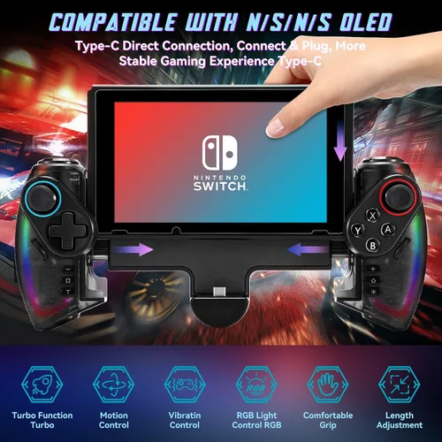 Vista 2 de Grathia Wireless Switch Controller for Nintendo SwitchOLED, RGB One-Piece Joypad Controller with Adjustable TURBO and Dual Motor Vibration Handheld
