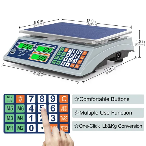 Vista 3 de Báscula de cálculo de precios de 66 lb/30 kg de doble LCD digital comercial con plataforma de acero inoxidable, báscula comercial recargable