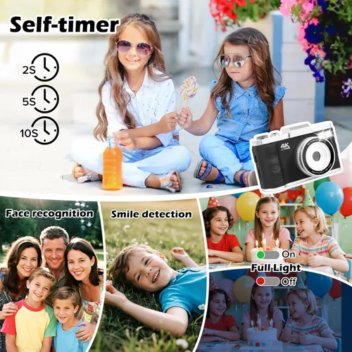 Vista 4 de Cámara digital, cámara 4K de enfoque automático para vlogging para YouTube con tarjeta SD, cámara digital compacta portátil de 64 MP para Negro