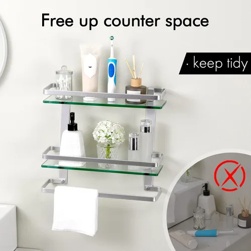 Vista 4 de KES Estante de vidrio templado para baño, estante de vidrio de almacenamiento de 2 niveles, rectangular con barra montado en la pared, acabado