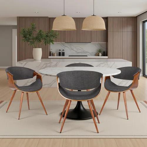 Vista 26 de Armen Living Silla de comedor de mariposa estilo mediados de siglo en acabado de nogal y tela azul - Juego de 4
