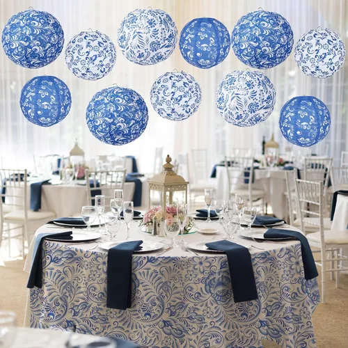 Vista 6 de Lonfliness 15 linternas de papel chinoiserie de 10 pulgadas y 8 pulgadas de porcelana azul y blanca colgantes, decoración de fiesta, farol redondo