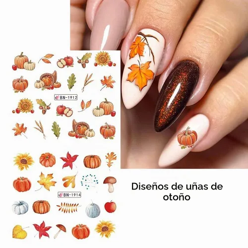 Vista 6 de Calcomanías de arte de uñas de otoño, calcomanías de agua de otoño, suministros de uñas, hojas de arce, pavo, calabaza, diseño de calcomanías