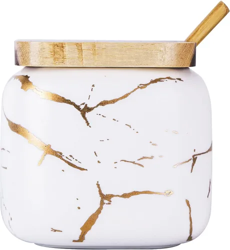 Vista 8 de VanEnjoy Tarro de porcelana decorativo de mármol con tapa de bambú y cuchara para condimentos para el hogar