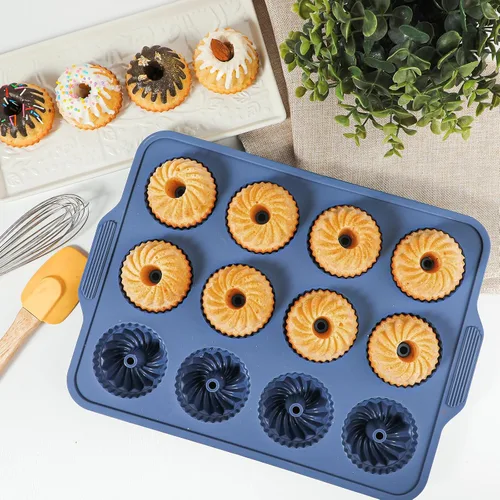 Vista 2 de Webake 2.75" Silicone Mini Fluted Tube Cake Pan with Steel-Reinforced Frame, 12-Cavity Nonstick Bite Size Mini Flan Molds for Baking, 1 Pack Blue