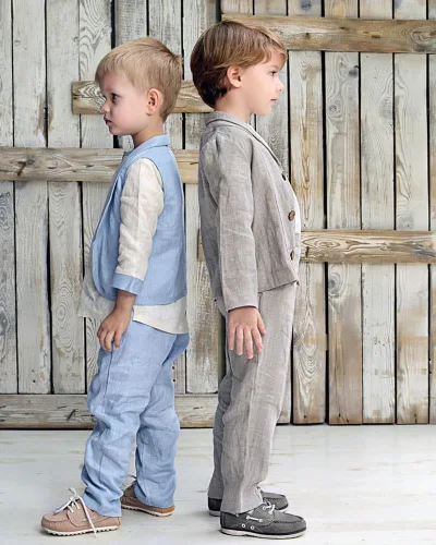 Vista 2 de Yaflonjaa Conjunto de esmoquin y chaleco de lino para niño de dos piezas de ocio diario