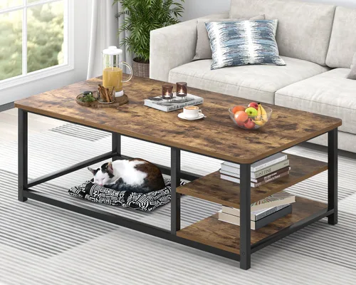 Vista 13 de EXCEFUR Mesa de centro negra, mesa de sala de estar de madera rústica con estante de almacenamiento, mesa central rectangular moderna, 47 pulgadas
