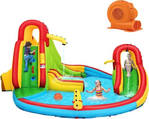 Vista 9 de KOTEK Tobogán acuático inflable, tobogán acuático 8 en 1 con 2 toboganes, 2 paredes de escalada, piscina y cañón de agua, toboganes acuáticos