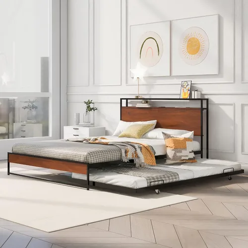 Vista 3 de Harper & Bright Designs Cama de plataforma Queen con nido y puertos USB, marco de cama Queen de metal con cabecera de almacenamiento y soporte